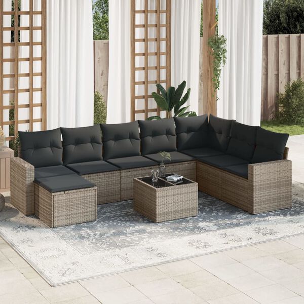 vidaXL 9 Piece Garden Sofa Set with Cushions Grey Poly Rattan