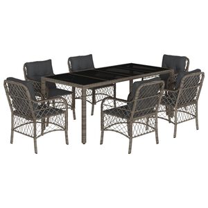 vidaXL 7 Piece Garden Dining Set with Cushions Grey Poly Rattan