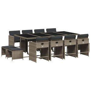 vidaXL 13 Piece Garden Dining Set with Cushions Grey Poly Rattan