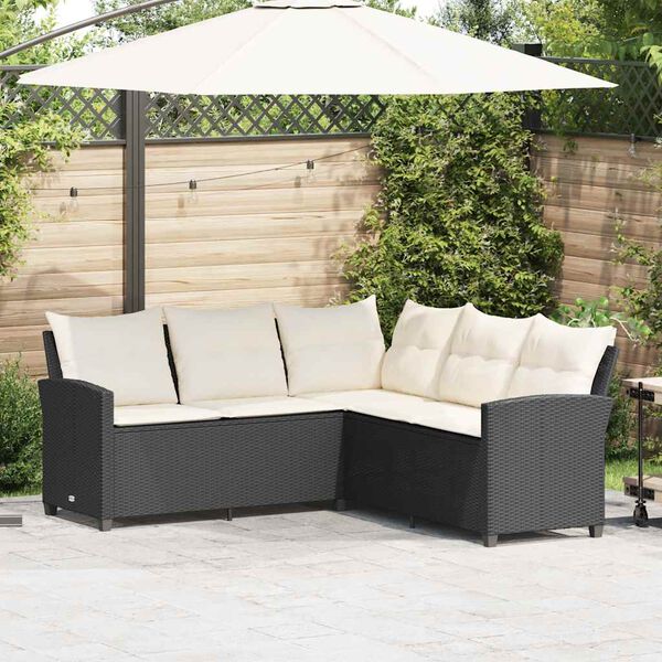 vidaXL L-shaped Couch Sofa with Cushions Black Poly Rattan