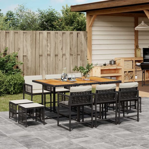 vidaXL 11 Piece Garden Dining Set with Cushions Black Poly Rattan