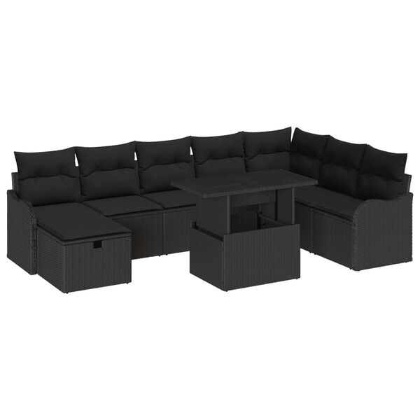 vidaXL Garden Sofa Set with Cushion 9 pcs Black Poly rattan