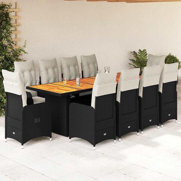 vidaXL 11 Piece Garden Bistro Set with Cushions Black Poly Rattan