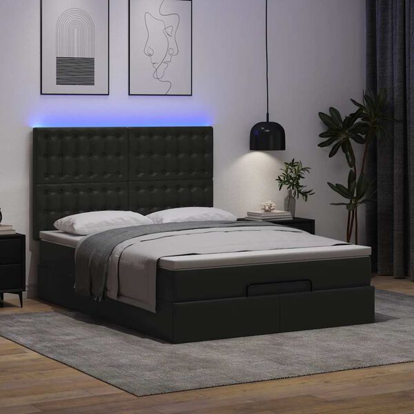 vidaXL Ottoman Bed with Mattress & LEDs Black Queen Faux Leather