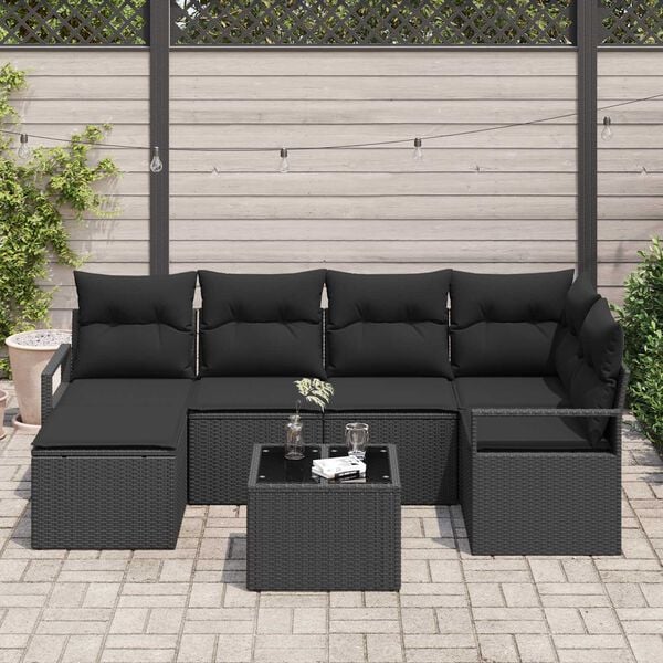 vidaXL Sofa Set with Cushion with Storage 7 pcs Black Poly Rattan
