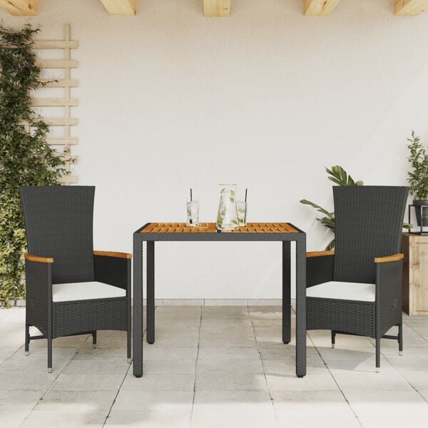 vidaXL 3 Piece Garden Dining Set with Cushions Black Poly Rattan