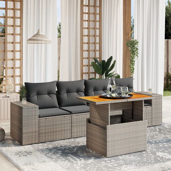 vidaXL 5 Piece Garden Sofa Set with Cushions Grey Poly Rattan
