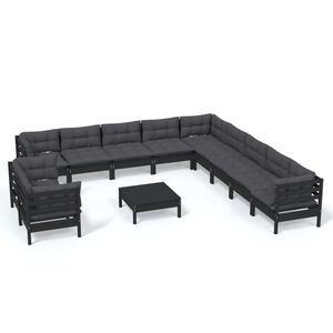 vidaXL 12 Piece Garden Lounge Set with Cushions Black Solid Pinewood
