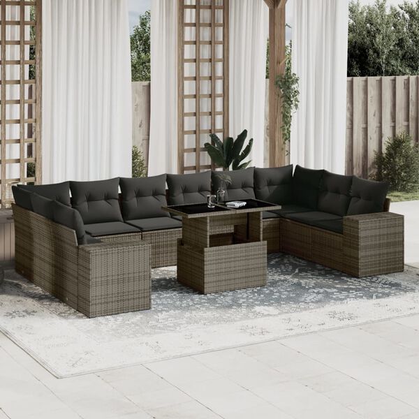 vidaXL 11 Piece Garden Sofa Set with Cushions Grey Poly Rattan