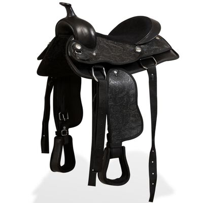 vidaXL Western Saddle. Headstall&Breast Collar Real Leather 12" Black