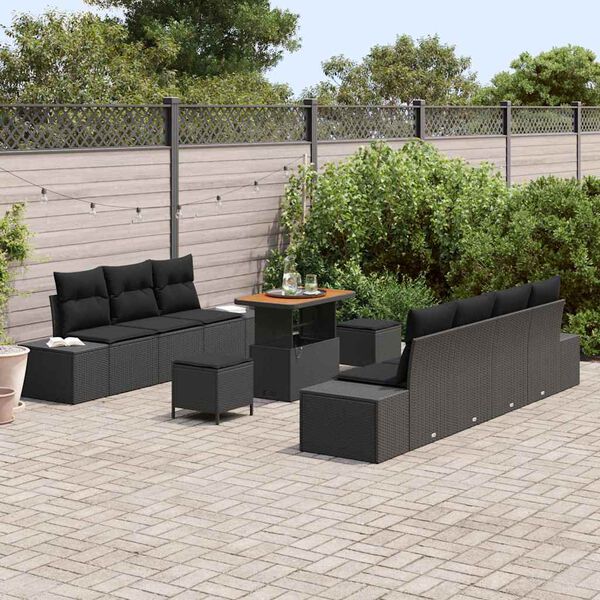 vidaXL Garden Sofa Set with Cushion 10 pcs Black Poly Rattan