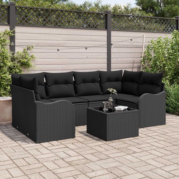vidaXL Garden Sofa Set 7 pcs Black Poly Rattan and Steel and Glass