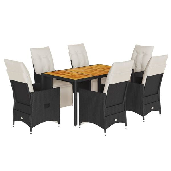 vidaXL 7 Piece Garden Dining Set with Cushions Black Poly Rattan