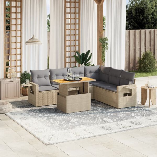 vidaXL 7 Piece Garden Sofa Set with Cushions Beige Poly Rattan