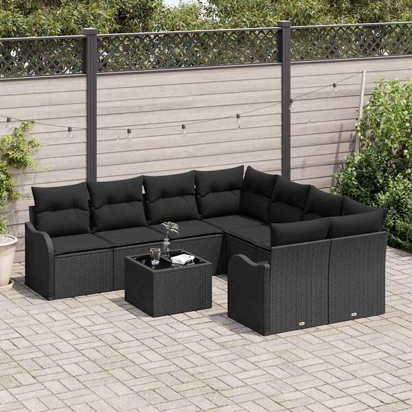 vidaXL Garden Sofa Set with Cushion Manual 9 pcs Black Poly Rattan