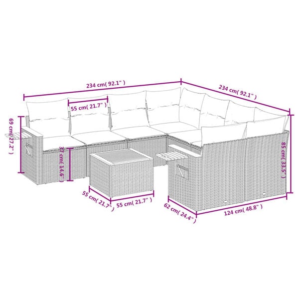 vidaXL 9 Piece Garden Sofa Set with Cushions Grey Poly Rattan