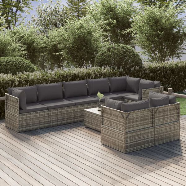 vidaXL 9 Piece Garden Lounge Set with Cushions Grey Poly Rattan