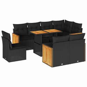 vidaXL 9 Piece Garden Sofa Set with Cushions Black Poly Rattan Acacia