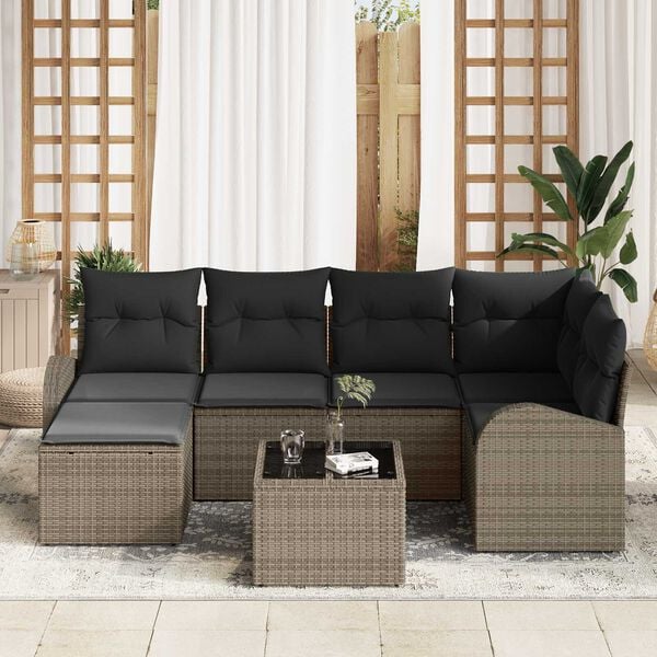 vidaXL Sofa Set with Cushion with Storage 7 pcs Grey Poly Rattan