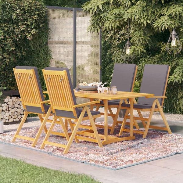 vidaXL 5 Piece Garden Dining Set with Grey Cushions Solid Teak Wood