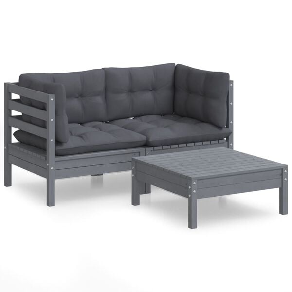 vidaXL 3 Piece Garden Lounge Set with Anthracite Cushions Pinewood