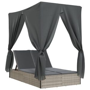 vidaXL Double Sun Lounger with Roof&Curtains Light Grey Poly Rattan