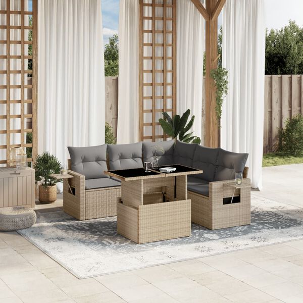 vidaXL 6 Piece Garden Sofa Set with Cushions Beige Poly Rattan