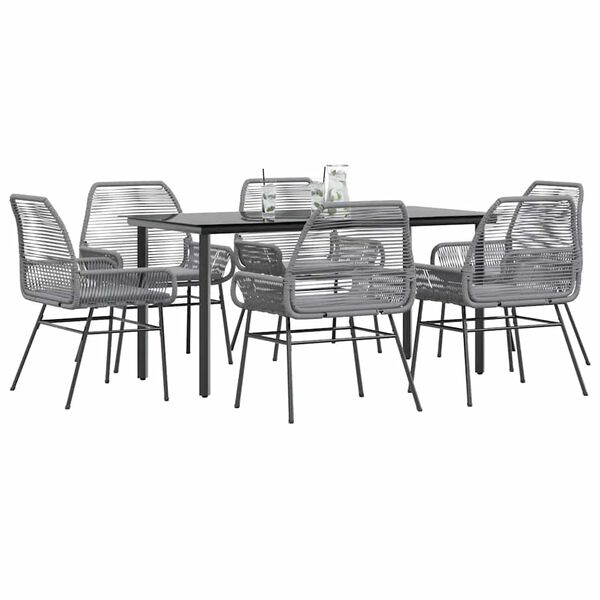 vidaXL 7 Piece Garden Dining Set with Cushions Grey Poly Rattan Glass