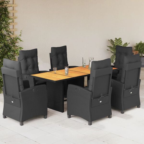 vidaXL 7 Piece Garden Dining Set with Cushions Black Poly Rattan