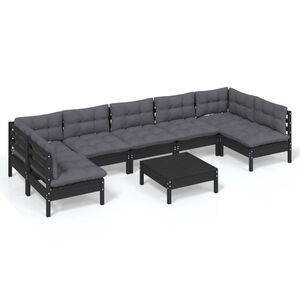 vidaXL 8 Piece Garden Lounge Set with Cushions Black Solid Pinewood