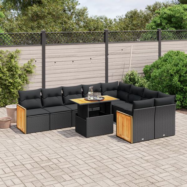 vidaXL 10 Piece Garden Sofa Set with Cushions Black Poly Rattan