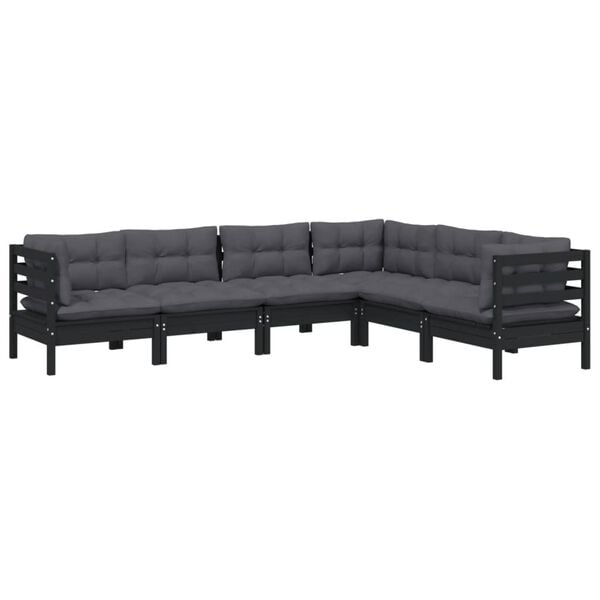 vidaXL 6 Piece Garden Lounge Set with Cushions Black Solid Pinewood