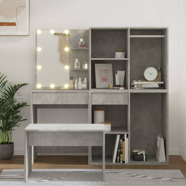 vidaXL Dressing Table Set with LED Concrete Grey Engineered Wood