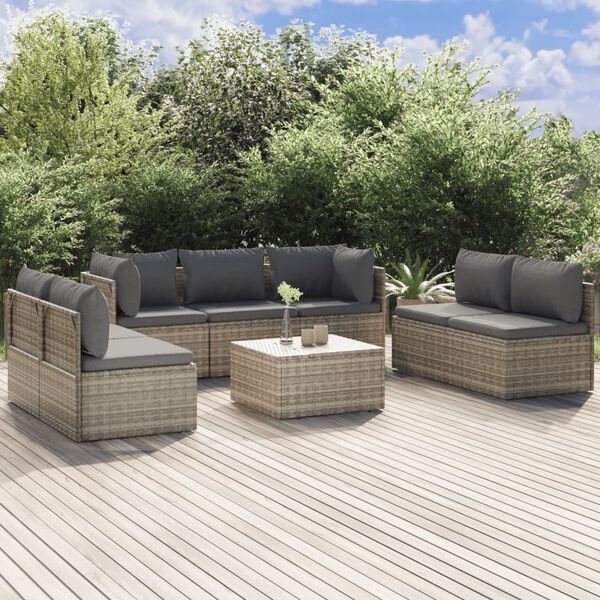 vidaXL 8 Piece Garden Lounge Set with Cushions Grey Poly Rattan