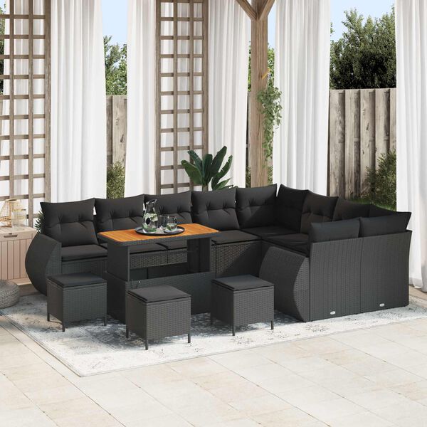 vidaXL Garden Sofa Set with Cushion 13 pcs Black Poly Rattan
