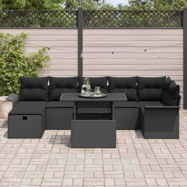 vidaXL Garden Sofa Set with Cushion 8 pcs Black Poly rattan