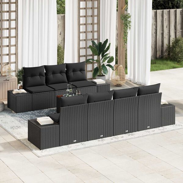 vidaXL Garden Sofa Set with Cushion 8 pcs Black Poly Rattan