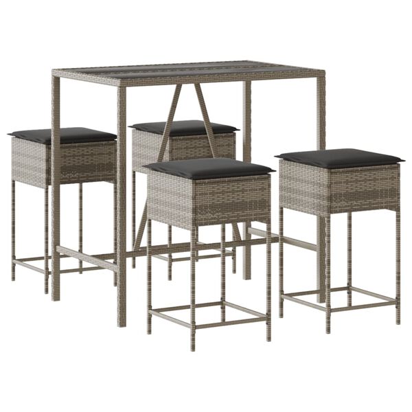 vidaXL 5 Piece Garden Bar Set with Cushions Grey Poly Rattan