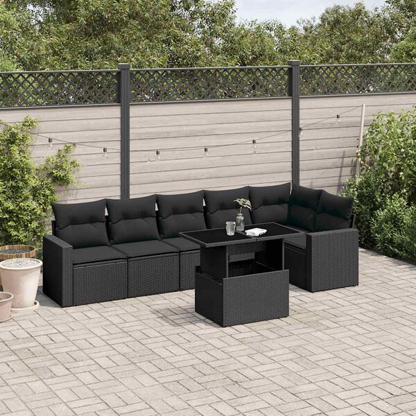 vidaXL 7 Piece Garden Sofa Set with Cushions Black Poly Rattan