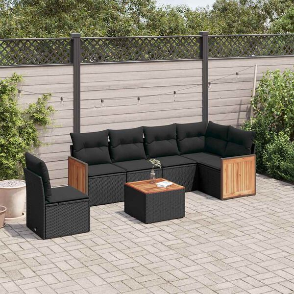 vidaXL 7 Piece Garden Sofa Set with Cushions Black Poly Rattan