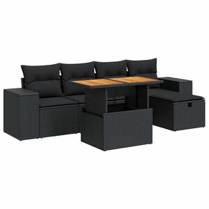 vidaXL 6 Piece Garden Sofa Set with Cushions Black Poly Rattan Acacia