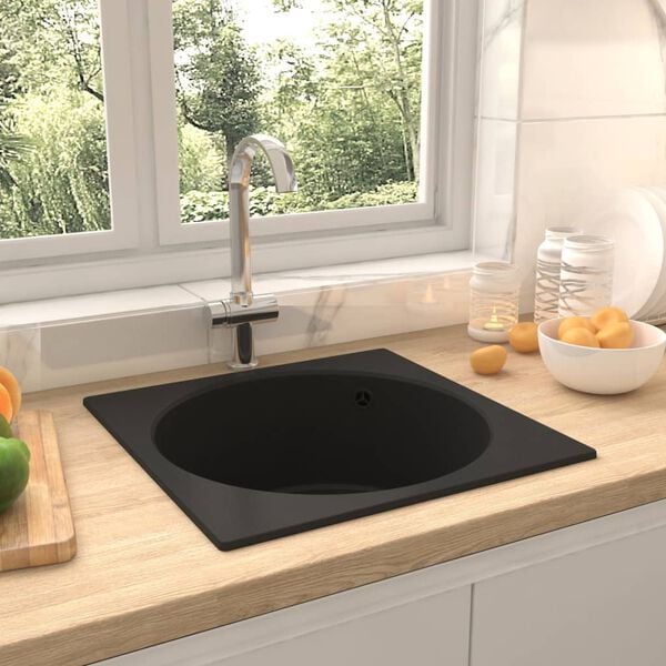 vidaXL Kitchen Sink with Overflow Hole Black Granite