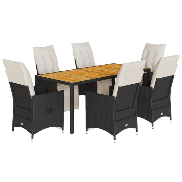 vidaXL 7 Piece Garden Dining Set with Cushions Black Poly Rattan