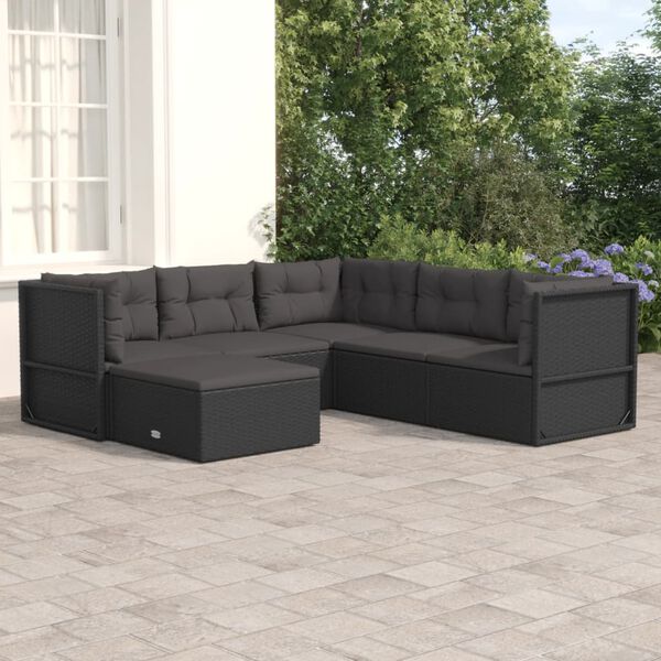 vidaXL 6 Piece Garden Lounge Set with Cushions Black Poly Rattan