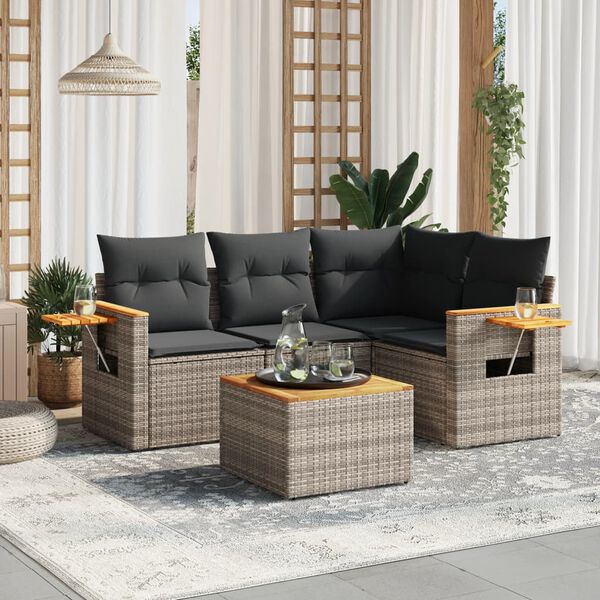 vidaXL 5 Piece Garden Sofa Set with Cushions Grey Poly Rattan