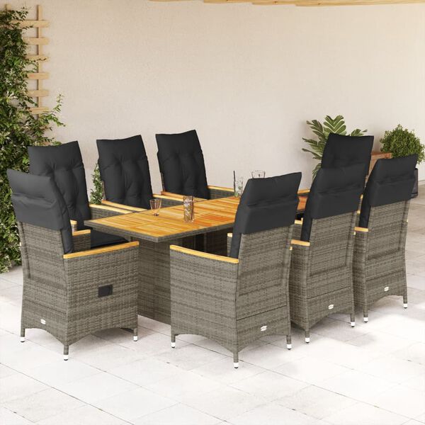 vidaXL 9 Piece Garden Dining Set with Cushions Grey Poly Rattan