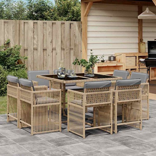vidaXL 9 Piece Garden Dining Set with Cushions Mix Beige Poly Rattan