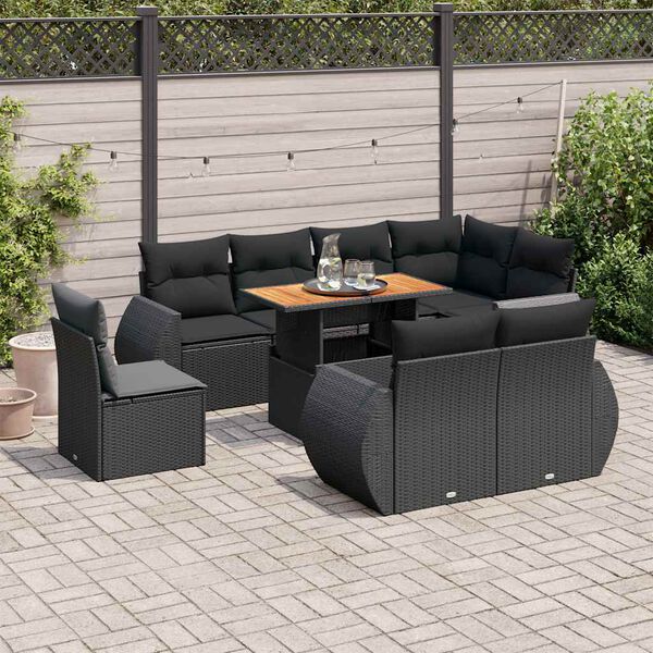 vidaXL 9 Piece Garden Sofa Set with Cushions Black Poly Rattan