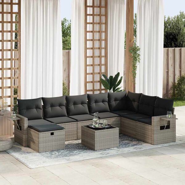 vidaXL 9 Piece Garden Sofa Set with Cushions Grey Poly Rattan