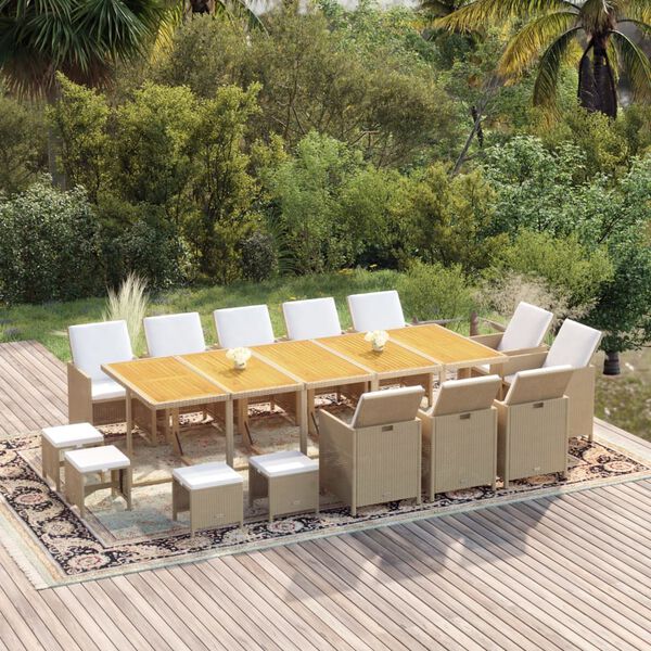 vidaXL 15 Piece Garden Dining Set with Cushions Poly Rattan Beige